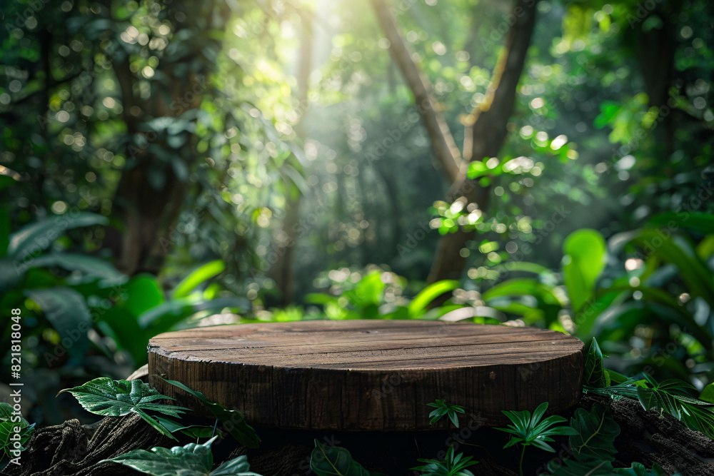 Wooden podium set amidst tropical forest for product presentation, featuring lush green background. Wooden podium set amidst tropical forest for product presentation, featuring lush green background.