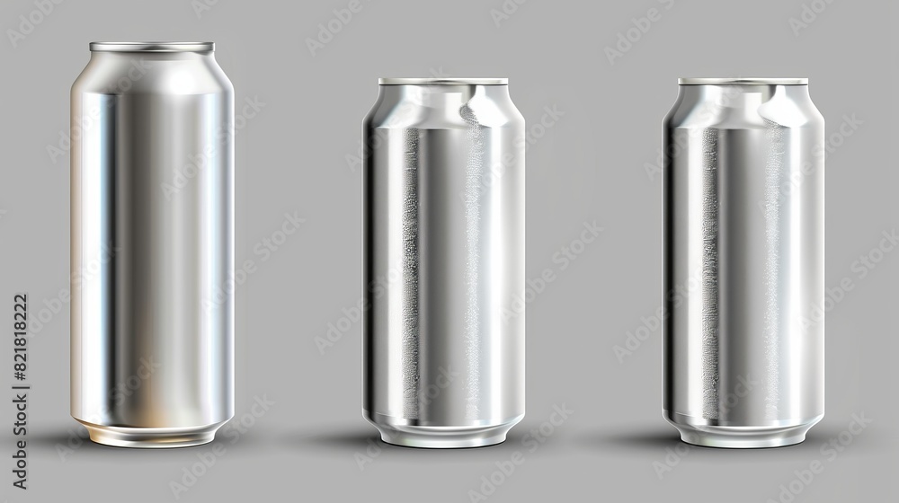 Modern mockup of metallic tin cans in different shapes. Blank silver package for cold drinks on gray background. Modern mockup of metallic tin cans in different shapes. Blank silver package for cold drinks on gray background.