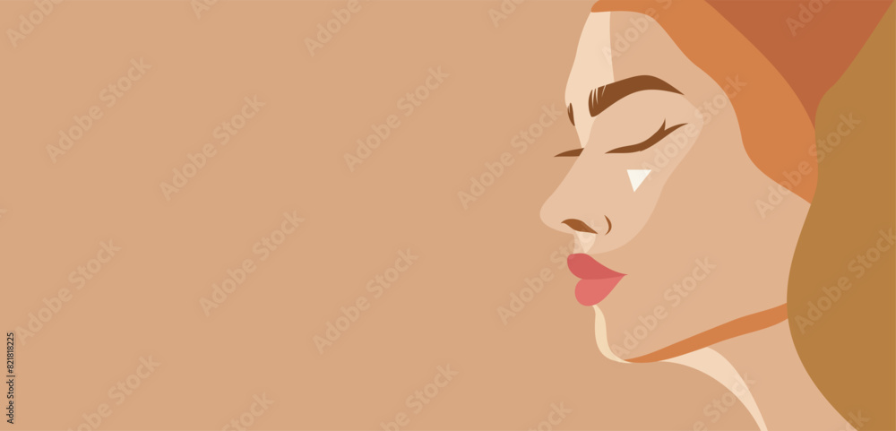 Vector cute banner with place for text, face portrait of a woman in profile. Vector illustration in beige pastel colors for printing Vector cute banner with place for text, face portrait of a woman in profile. Vector illustration in beige pastel colors for printing