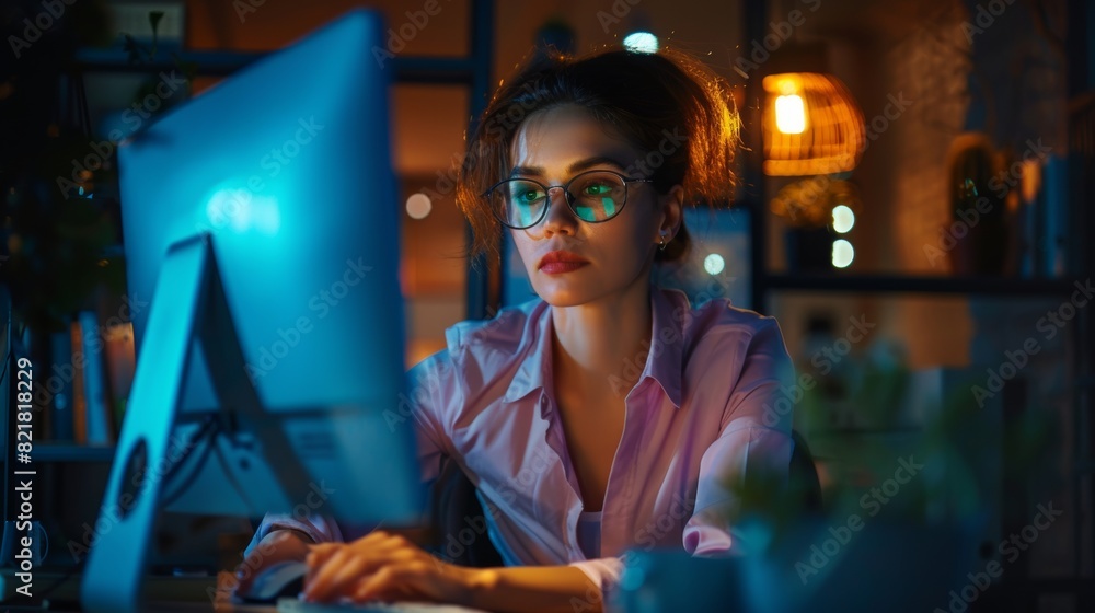 At the office late at night: Businesswoman Analyzing, Using Documents, Solving Problems, Finishing Project. At the office late at night: Businesswoman Analyzing, Using Documents, Solving Problems, Finishing Project.