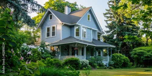 A charming lavender gray house surrounded by lush greenery and blooming flowers. The two-story home features a cozy porch and is nestled in a serene, tree-filled garden. © Maxim