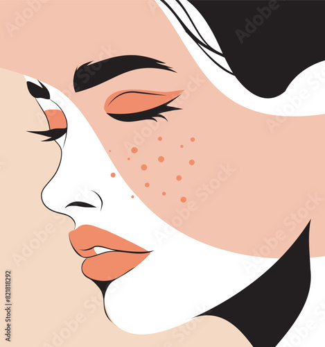 Vector female portrait face with black lines in profile with geometric shapes Memphis style in a modern minimalist style. Vector illustration in beige pastel colors for printing