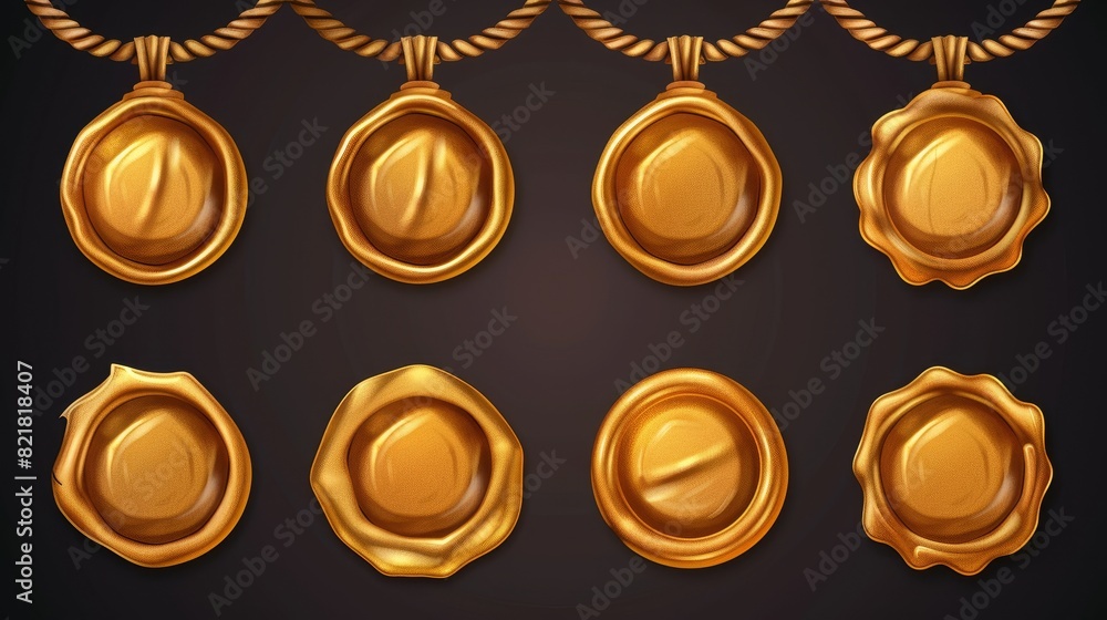 Modern realistic set of blank round wax stamps with cord, golden label for lock envelope with confidential mail or press quality sign. Modern realistic set of blank round wax stamps with cord, golden label for lock envelope with confidential mail or press quality sign.