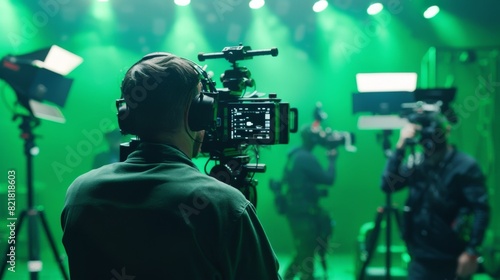 Film crew shooting a blockbuster movie. Director orders camera operator to begin shooting green screen CG scene with actor wearing motion tracking suit and head gear. photo