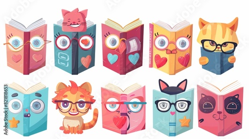 A set of cute book characters with frames and bookmarks. Isolated on a white background are faces, hearts, cats, and evil devils on a book cover.