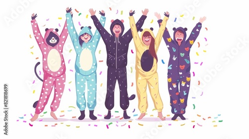 Posters with kigurumi animal jumpsuits depicting young people in confetti and kigurumis. Illustration of teens in animal costumes: cat, cow, panda, and pig, invitation to a PJ party.