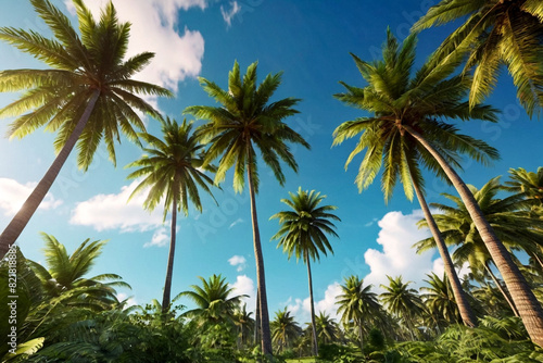 Tropical natural landscape with coconut palm trees at sky background  amazing tropic scenery. Concept of summer vacation and travel holiday. Fantastic sunrise for vacation design. Copy ad text space