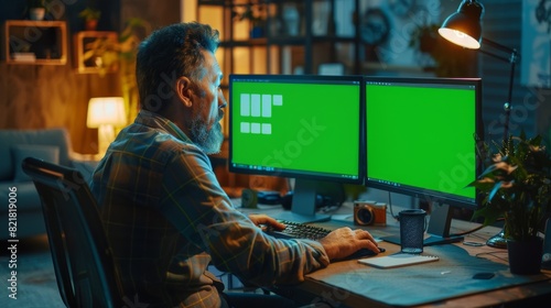 A creative middle-aged designer works late at his desk using two green mock-up screens on a desktop computer.