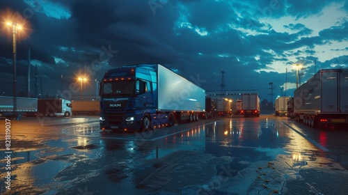 In the Overnight Parking Lot, a blue semi-truck with a cargo trailer drives on the space where other trucks stand. Drivers rest at night as they drive on the overnight parking lot. photo