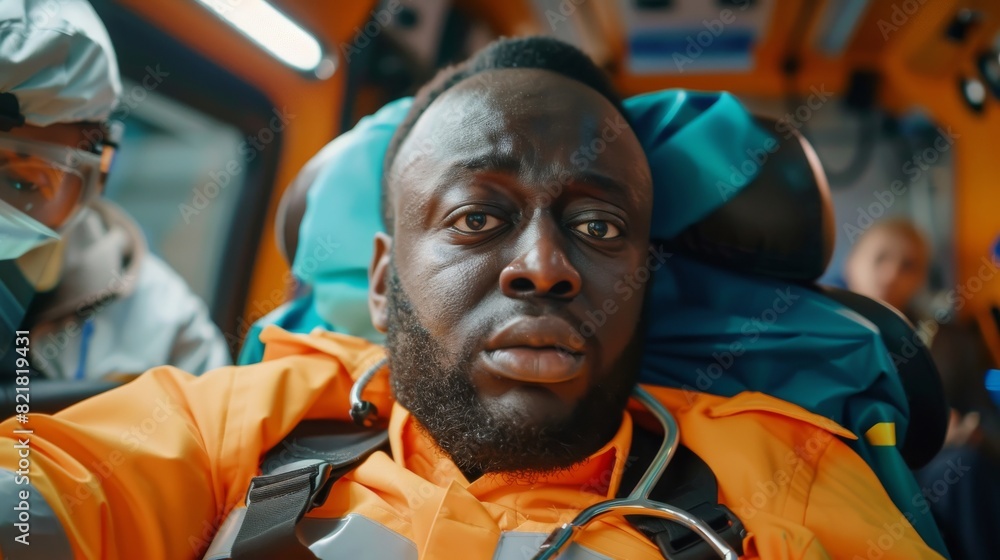 A close-up portrait of an African American paramedic providing medical aid to a patient on the way to the hospital. An ambulance emergency care assistant uses a stethoscope. A close-up portrait of an African American paramedic providing medical aid to a patient on the way to the hospital. An ambulance emergency care assistant uses a stethoscope.