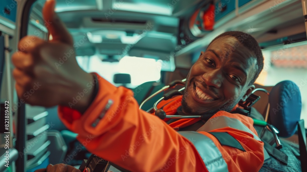 Obraz premium In the ambulance vehicle with an injured male patient, a happy African American paramedic gives a thumbs up while giving the camera a thumbs up.