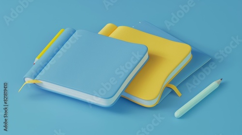 Three dimensional illustration of open, closed books and pencils. Yellow and blue textbooks, notepad with blank pages. Educational literature. Source of knowledge. Symbol of studying. photo