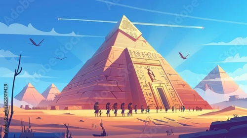 A cartoon illustration of an Egyptian pyramid in the desert and a people group silhouetted at its doorway. Tourism and archaeologists discovering the ancient civilization in the Sahara.