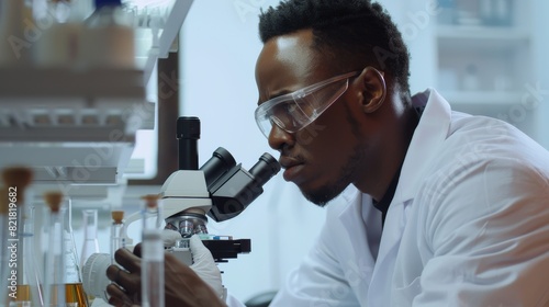 Black Male Scientist Demonstrating Microscopical Analysis of Petri Dish Samples in Medical Development Laboratory. Professionals Working in Advanced Scientific Lab. Action shot from the side. photo