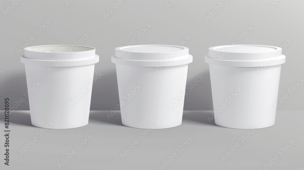 The package for ice cream is white plastic and has a lid for yogurt, dairy products, butter and gelato. The round food jars with caps are front and top views, modern realistic set of ice cream The package for ice cream is white plastic and has a lid for yogurt, dairy products, butter and gelato. The round food jars with caps are front and top views, modern realistic set of ice cream