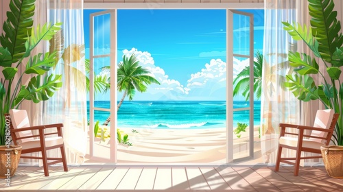 The view from a tropical hotel room window of the sea and beach. The interior of a villa house with a palm tree, the ocean, and the skyline. The emblem of a paradise holiday.