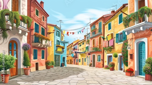A colorful town street in old Italian town with colorful houses. View of a traditional European street from a distance with stone paved roads, laundry on balconies with flower decorations, a sunny