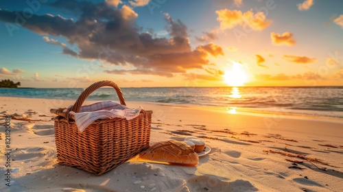 A picnic basket with food and wine on the beach at sunset, overlooking a calm body of water with boats in the distance and colorful clouds in the sky AIG50