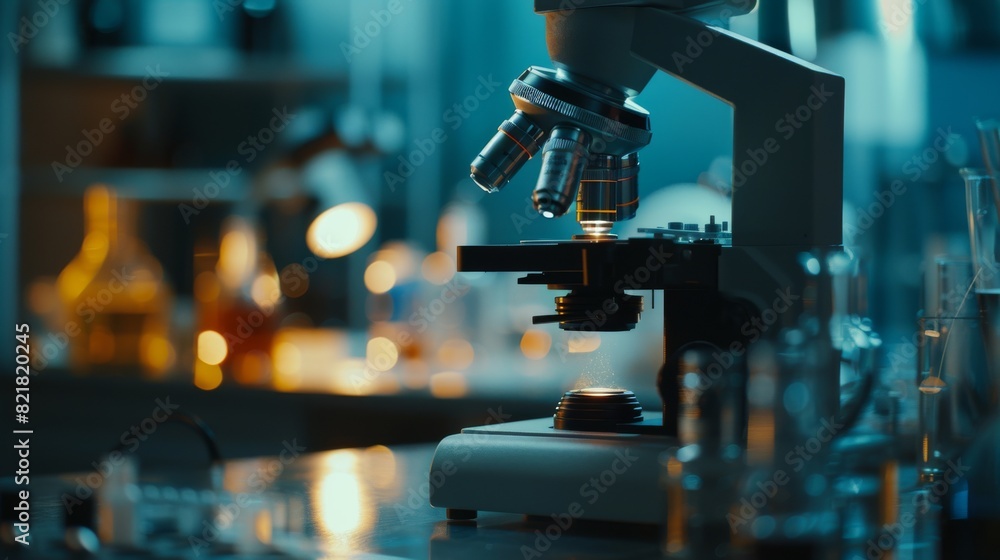 An evening view of a modern laboratory with a close-up shot of a modern digital microscope. In the background, a group of medical research scientists are conducting experiments. An evening view of a modern laboratory with a close-up shot of a modern digital microscope. In the background, a group of medical research scientists are conducting experiments.