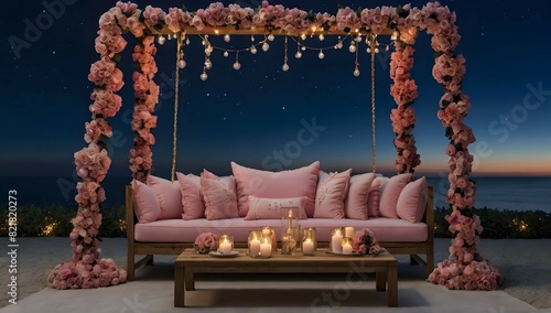 under the romantic navy sky the stars twinkle and candles are lit, a velvet pink flower swing, with a long dinner table, pillows are clouds