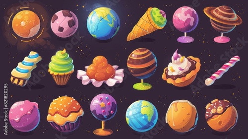 Sweet planets isolated on a white background. Modern illustration of sweet croissant, chocolate, wrapped caramel, lollipop, and cookie ball cakes. Fantasy candies on a white background. Party