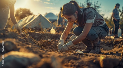 Located on an archaeological dig site, a famous female archaeologist enters a field camp for the purpose of analyzing ancient culture artifacts. A historian team works on the excavation site. photo