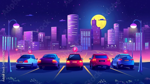 City parking lot with cars parked at night. Cartoon modern dark dusk landscape with vehicles standing on asphalt road with signs and zone layout with skyscrapers in the background. photo