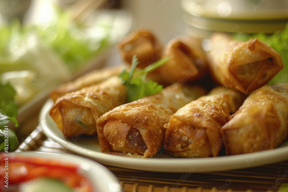 Close-Up of Crispy Spring Rolls on a Plate with Fresh Garnish Close-Up of Crispy Spring Rolls on a Plate with Fresh Garnish