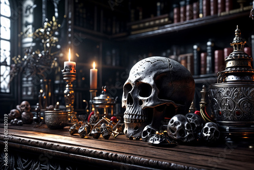 Black and white background at mystical dark interior of medieval room with wooden table with skulls and bones against an ancient stone wall. Scary backgrounds for Halloween. Copy space, text place