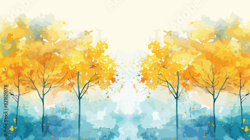 Watercolor background turquoise yellow trees hand pai