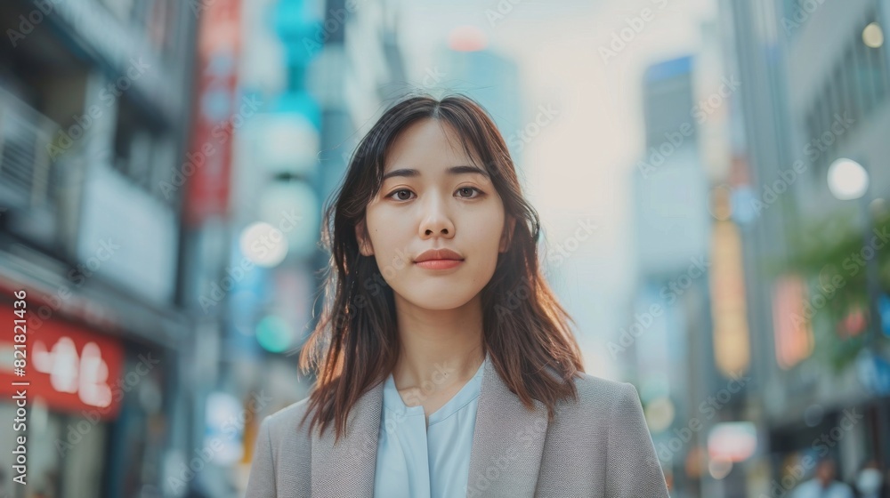 Beautiful Japanese Female Wearing Smart Casual Clothes Posing on the Street. Successful Female Living a Life in the City. Office Buildings and Billboards in the Background. Beautiful Japanese Female Wearing Smart Casual Clothes Posing on the Street. Successful Female Living a Life in the City. Office Buildings and Billboards in the Background.
