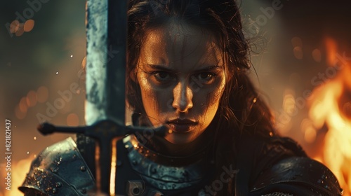 A scene of epic battle: powerful female warriors, holding swords ready for battle. Woman knight general in Dark Age Medieval War against Invasion. Dramatic, cinematic, historical reenactment.