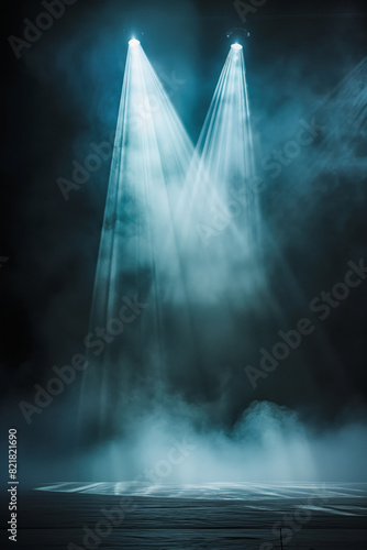 Two bright lights shining on a foggy, misty landscape