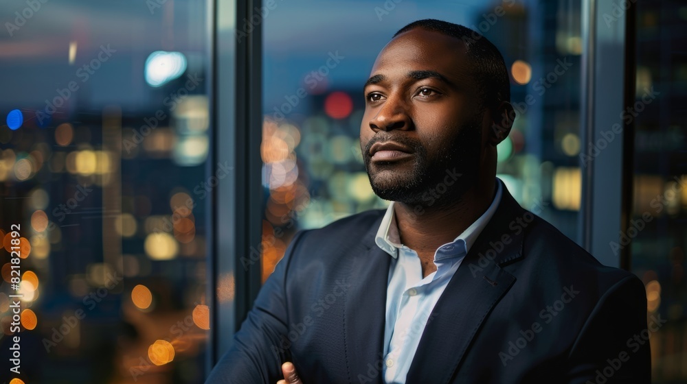 Businessman wearing a suit standing in front of a window, looking out on a big city at night. Successful African CEO considering e-commerce venture. Close-up of black businessman wearing suit, with Businessman wearing a suit standing in front of a window, looking out on a big city at night. Successful African CEO considering e-commerce venture. Close-up of black businessman wearing suit, with
