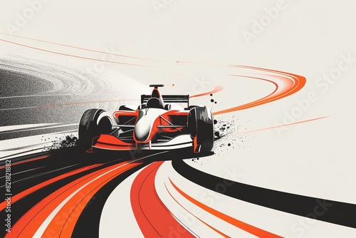A minimalist F1 race car poster featuring sharp geometric shapes and flat colors. The car, rendered in intricate detail, dominates the composition with red and white stripes creating a dynamic backgro