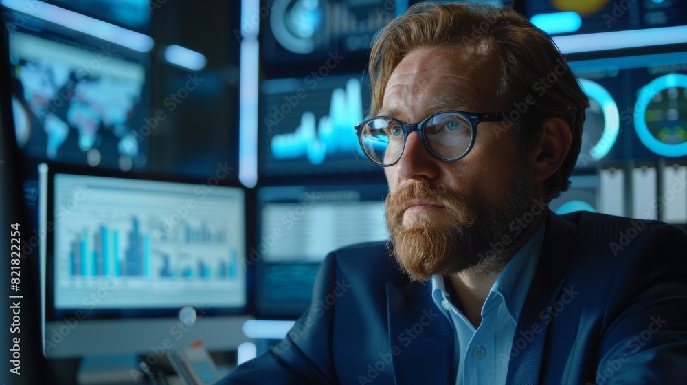 This portrait shows a handsome manager using a desktop computer, managing company operations, analyzing stats, and analyzing commerce data as he plans marketing efforts in a big corporate office. This portrait shows a handsome manager using a desktop computer, managing company operations, analyzing stats, and analyzing commerce data as he plans marketing efforts in a big corporate office.