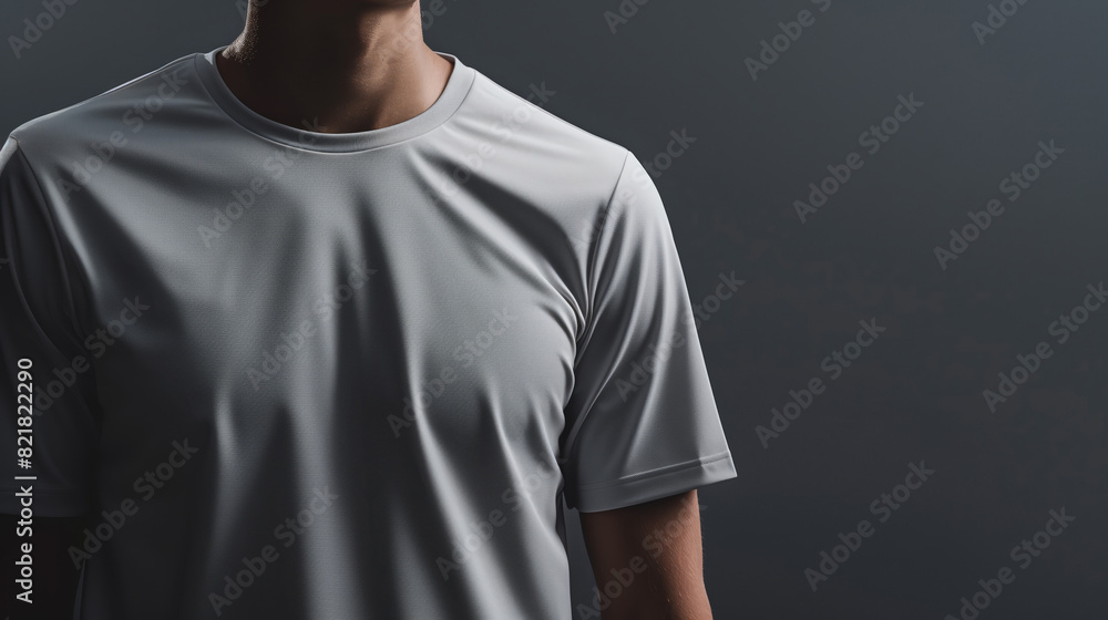 White Performance Tee Modeled by Man Against Dark Minimalist Background, Mockup White Performance Tee Modeled by Man Against Dark Minimalist Background, Mockup