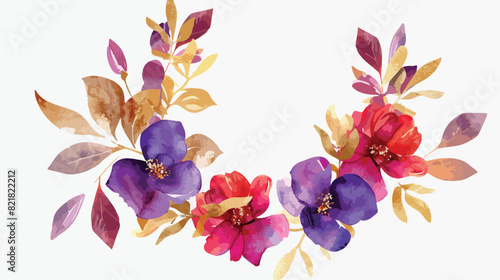 Watercolor bright purple red flowers golden leaves fl