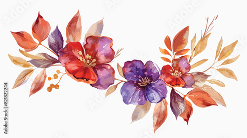 Watercolor bright purple red flowers golden leaves fl
