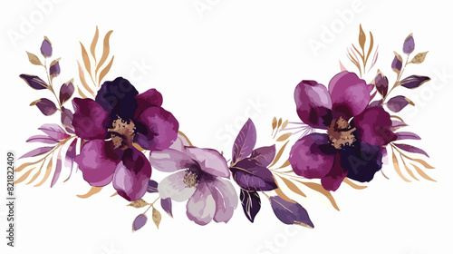 Watercolor bright violet purple red flowers leaves go