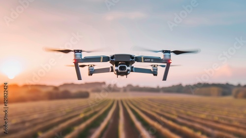 A moving drone spraying pesticides, fertilizers or water on a cultivated field at sunrise.