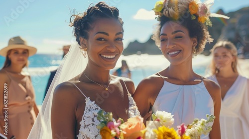 The Happiness of two lesbian women in love during a multiethnic outdoor wedding ceremony near the sea. Authentic LGBTQ Relationship Goals. photo