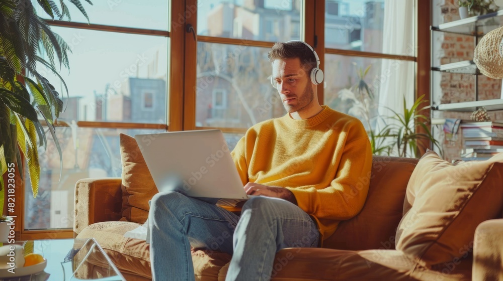 An attractive young man works on his laptop computer while sitting on the sofa in a stylish loft apartment. He is wearing a cozy yellow sweater and headphones. The view is of the city from the big