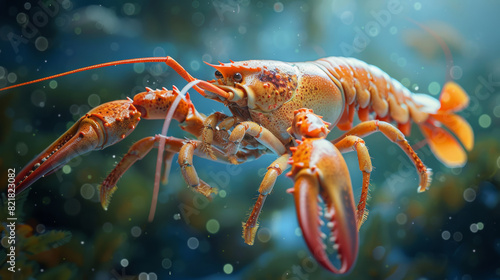 Vibrant close-up of a lobster with detailed claws and antennae in an underwater environment  surrounded by bokeh light effects.