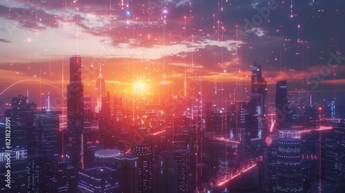 Digitally generated urban megapolis at sunset with rendered skyscrapers showing global big data connections  information flow  and artificial intelligence technology.