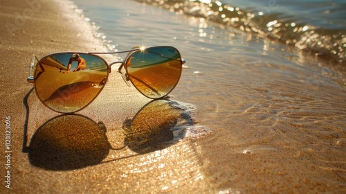 A pair of eyewear rests on a sandy beach by the ocean, surrounded by water and marine biology. The wind waves gently as beachgoers enjoy leisurely activities nearby AIG50