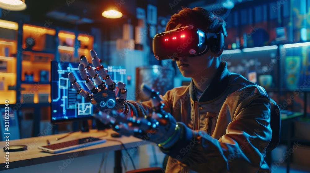 In this view from the Virtual Reality Concept Gallery you see a student developer writing code for a bionic hand and testing its interface. An engineer wearing a headset and using controllers at a In this view from the Virtual Reality Concept Gallery you see a student developer writing code for a bionic hand and testing its interface. An engineer wearing a headset and using controllers at a