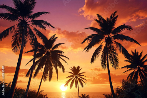 Tropical landscape - silhouette palm trees on sunset at orange sky background. Nature image backdrop, amazing wallpaper. Stylish image for design. Concept of summer vacation travel. Copy text space