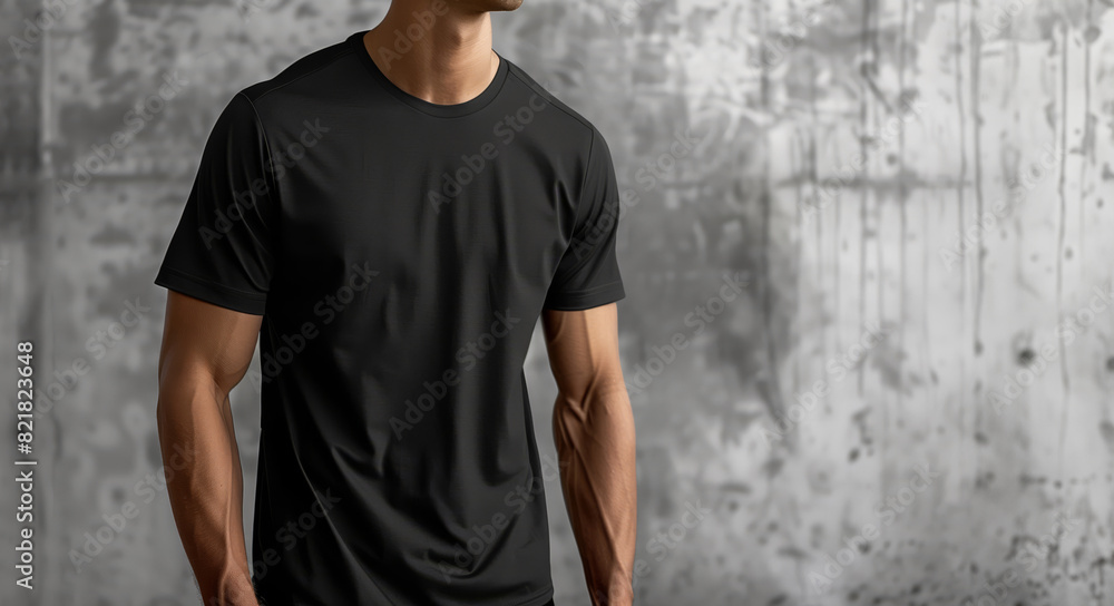 Black Performance Tee Modeled By Muscular Man Against Concrete Wall, Mockup Black Performance Tee Modeled By Muscular Man Against Concrete Wall, Mockup