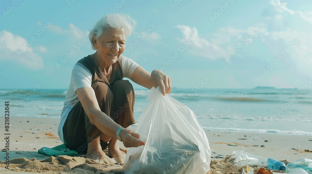 Elderly woman cleaning on the beach Elderly woman cleaning on the beach